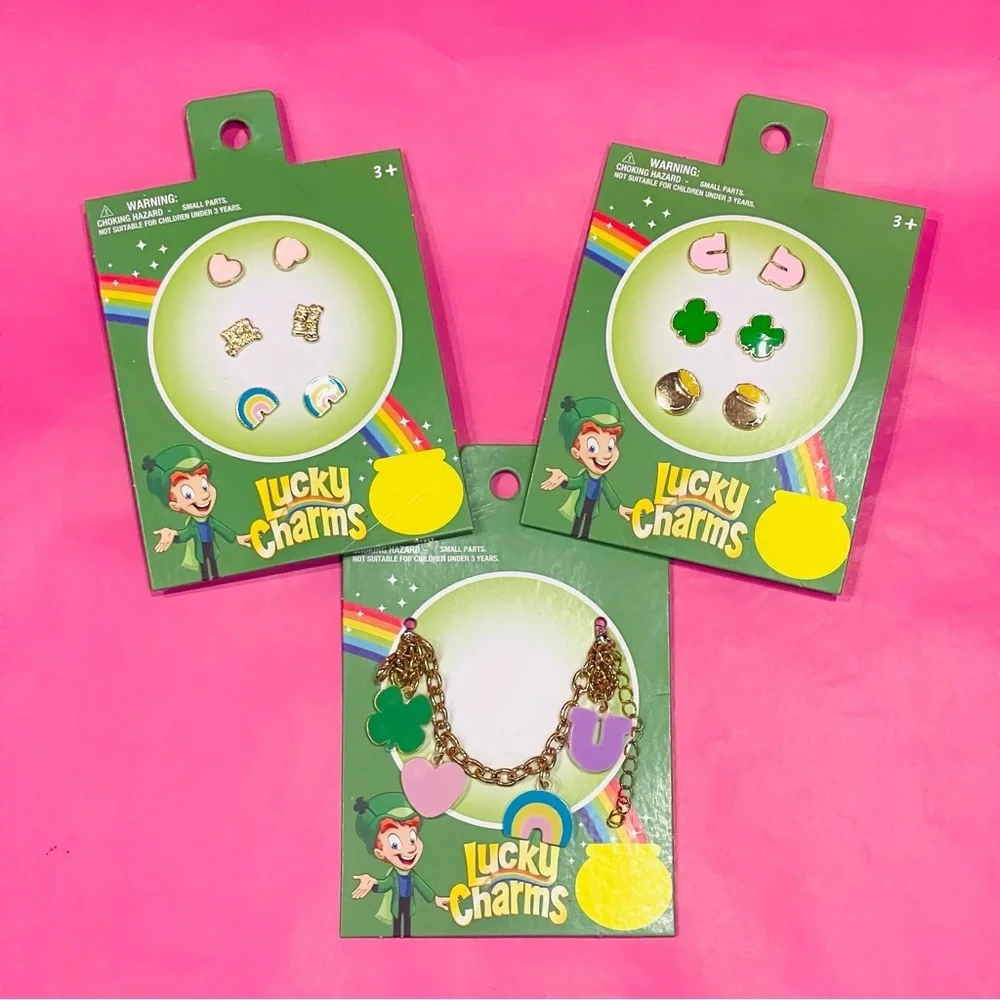 Kids Accessory Set - Lucky Charms Gold Tone Charm Bracelet and Earrings NEW